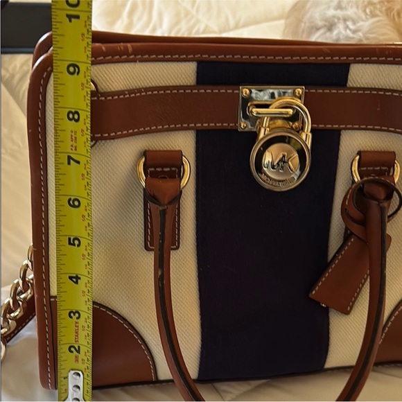 Michael Kors Hamilton Mono Stripe Canvas/Leather Satchel, Blue /White/ Brown - Picture 10 of 10